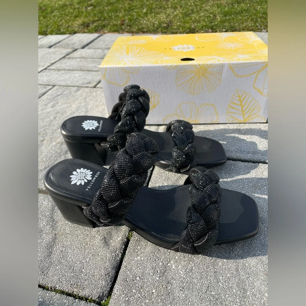 Women’s Yellow Box Ceala Black Braided Sparkling Block Heel Sandals 8 ✨NEW✨ - Picture 3 of 9